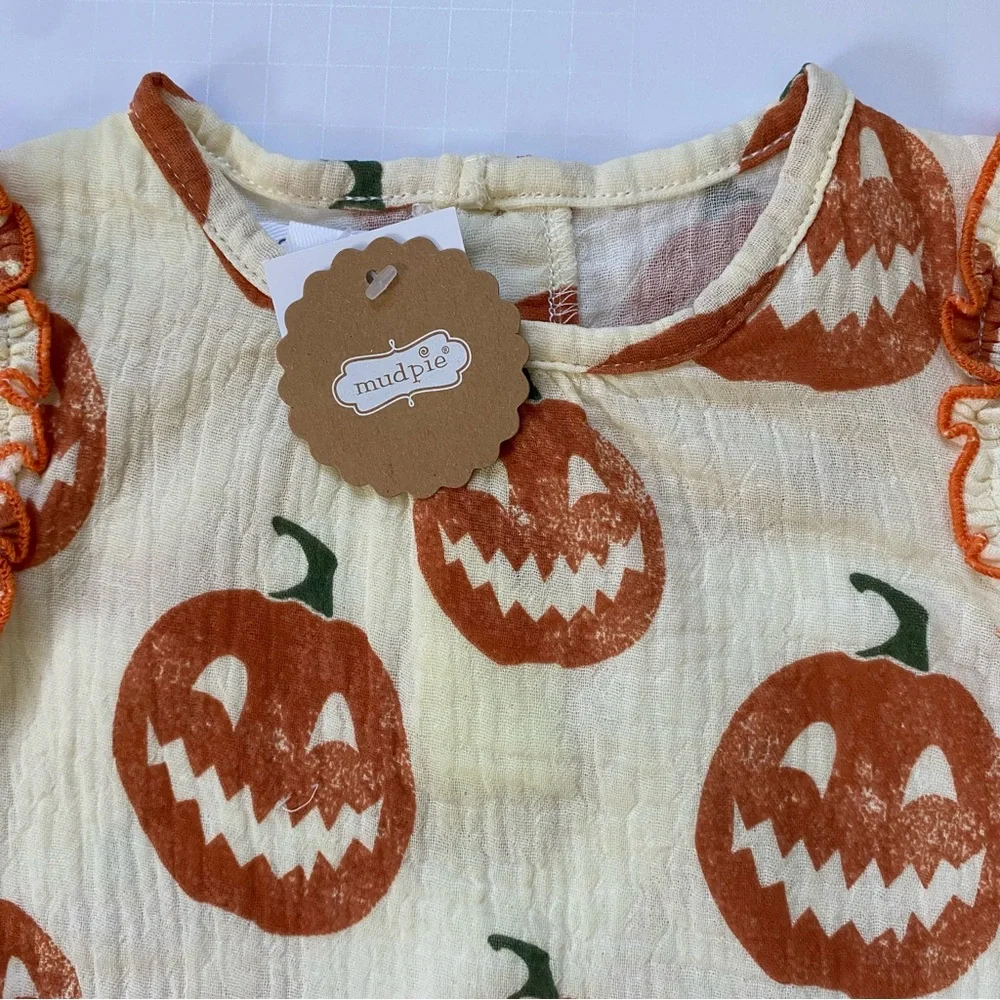 Mud Pie Halloween Outfit 6 9 Months NWT Pumpkins Baby Girl’s Orange Ivory New